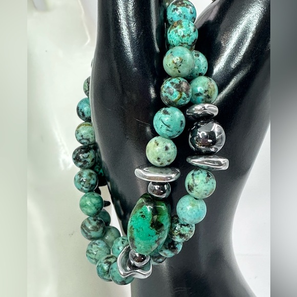 AFRICAN TURQUOISE + HEMATITE NATURAL STONES BRACELET SZ 7” set - Picture 4 of 10